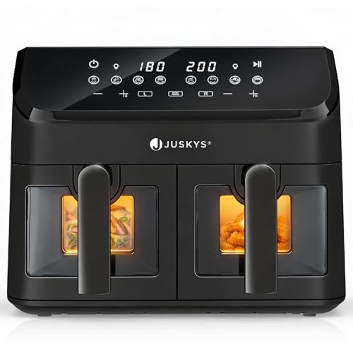 Juskys® Airfryer 9 L Doppelkammer - Heißluftfritteuse 2 Kammern, 9 Programme, beschichtet, XXL Fritteuse