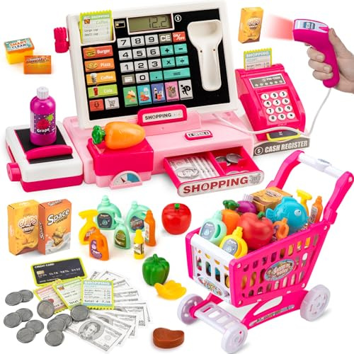 Spielkasse mit Einkaufswagen – Interaktive Kaufmannsladen-Kasse mit Musik, Scanner & echtem Taschenrechner. Lernspielzeug ab 3 Jahren Mädchen (Rot-Rosa)