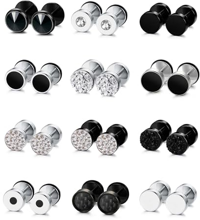 JeweBella 12 Paar Fake Plugs Ohrringe Herren Männer Edelstahl Silber Schwarz Set Fake Tunnel Runde Schraube Barbell Ohrstöpsel Faux Gauges für Damen 8MM