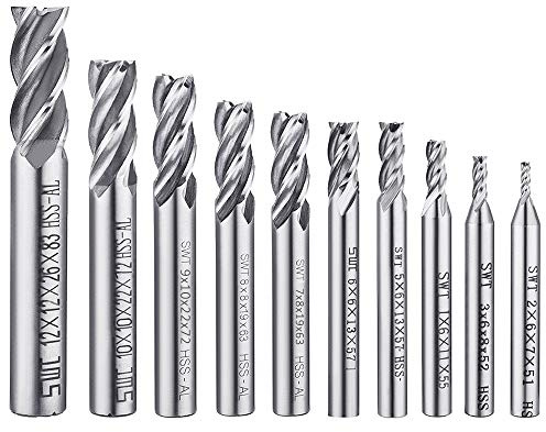 Afunta Bohraufsätze/Schaftfräser mit 4 Rillen, 2-12 mm (0,08-0,47 Zoll) Schnellarbeitsstahl, gerader Schaft, Werkzeug-Set für Holz, Aluminium, Stahl, Titan, CNC-Fräsen, 10 Stück