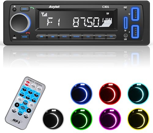 Avylet 7 LED-Farben, Auto-Stereo-Freisprecheinrichtung, Bluetooth 5.0, Autoradio, Stereo und Uhr, 4 x 60 W, FM-Radio, USB/AUX-In, MP3/WMA/WAV/SD, MP3-Player, kabellose Fernbedienung