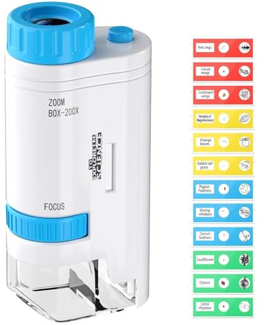 GlasFlength 80x-200x Taschenmikroskop Kinder, LED Mikroskop für Kinder mit 12 Objektträgern LED-Licht Microscope for Kids Handheld Mikroskope für Studenten Schule Biologie-Unterricht