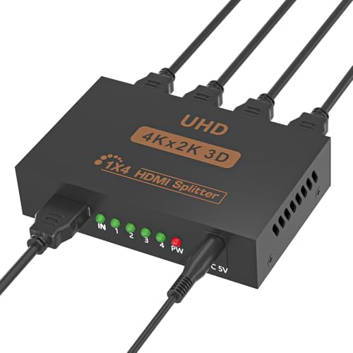 Ozvavzk 4K HDMI Splitter 1 in 4 Out Gleichzeitig HDMI Splitter 4 Monitore Mirror HDMI Verteiler 1 in 4 Out Unterstützt 4K UHD HDCP1.4 3D 1080P Full HD Langstreckenübertragung mit DC-Netzteil