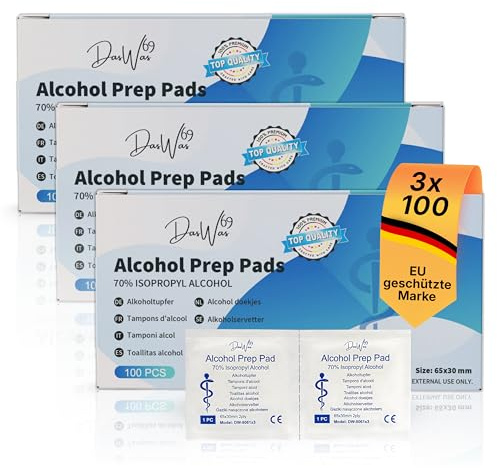 DasWas 3 x 100 Alkoholtupfer - Desinfektionstupfer mit 70% Isopropyl - Alkohol Hautdesinfektion Tücher einzeln (65×30 mm) - 300 Alkohol Pads für Medizin & Pflege