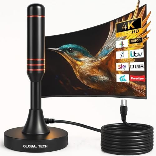 GLOBAL TECH DVB-T2 Antenne für Innen – Zimmerantenne für Fernseher – DVB-T/DVB-T2 TV Antenne 4K UHD Full HD Digital TV Antenna mit 3m Kabel & Magnetfuß