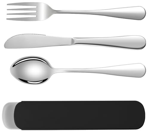 HOTUT Campingbesteck, 4 Stück Edelstahl Reisebesteck mit Etui, Besteckset to go, Edelstahl Sporks besteckbox für unterwegs, Outdoor, Reise, Arbeit, Schule, Spülmaschinenfest - Schwarz