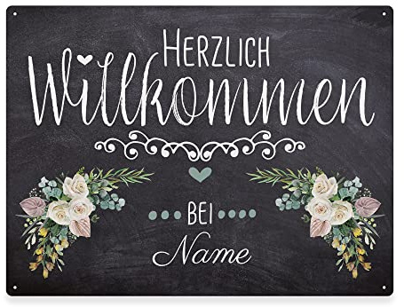 PR Print Royal Haustürschild mit Name - Blumen-Motiv, Herzlich Willkommen | Metallschild mit Nachname personalisieren, Outdoorschild aus Aluminium, Wetterfest, 21x15 cm