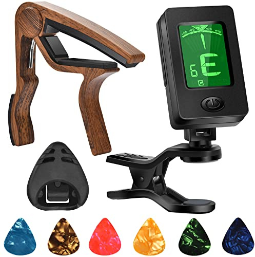 Gitarre Capo, Plektrum, Zubehör mit Stimmgerät, Kapodaster, Tuner Clip für Gitarre, Bass, Violine, Ukulele Chromatisch