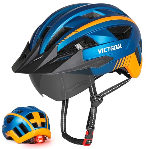 VICTGOAL Fahrradhelm MTB Mountainbike Helm mit magnetischem Visier Abnehmbarer Sonnenschutzkappe und LED Rücklicht Radhelm Rennradhelm für Erwachsenen Herren Damen (Blue, M: 54-58cm)