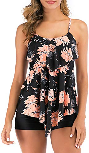 FLYILY Damen Zwei Stücke Tankini Rüschen Volant Geschichtet Bademode mit Boy Legs Shorts Rüschen Große Größen Bademode Badeanzug
