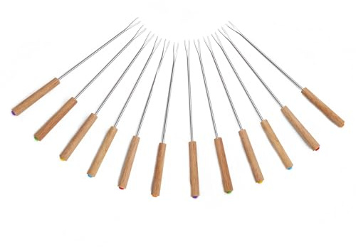 LifgWas Fonduegabeln aus Edelstahl mit Holzgriff, 24 cm lang, für Käsefondue, Schokolade, Marshmallows-Spieße mit Holzfeuer oder Obstgabeln, Utensilien, 12 Stück