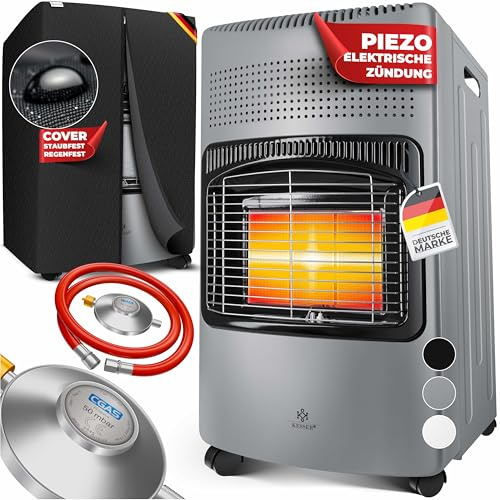 KESSER® 4200 Watt Keramik Piezo Gasheizer inkl. Gasdruckregler Gasschlauch + Schutzhülle, Gasheizofen Heizstrahler Gasheizgerät Infrarot Keramikbrenner, Butan- oder Propangasflaschen bis 15kg, Grau