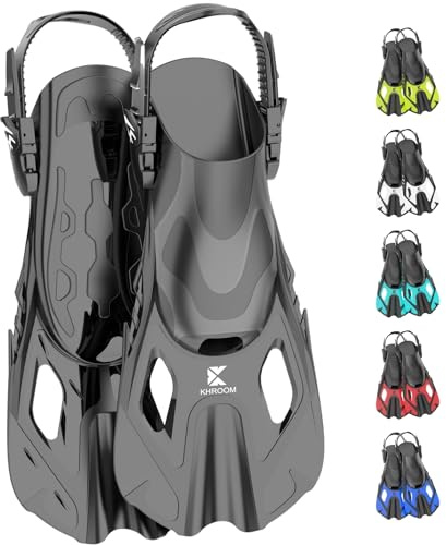 Khroom Schnorchelflossen verstellbar Flossen Erwachsene & Kinder | Kurze Taucherflossen & Flippers zum Schnorcheln Schwimmen Tauchen | leichte Schwimmflossen für Urlaub & Pool (Schwarz 42-47