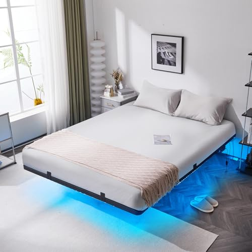 Bonnlo Bettgestell mit Lattenrost, Bett 140 x 200 cm mit LED Beleuchtung, Metallbett Robust, Schwebenbett mit 36 cm Höhe schwarz (ohne matratze)
