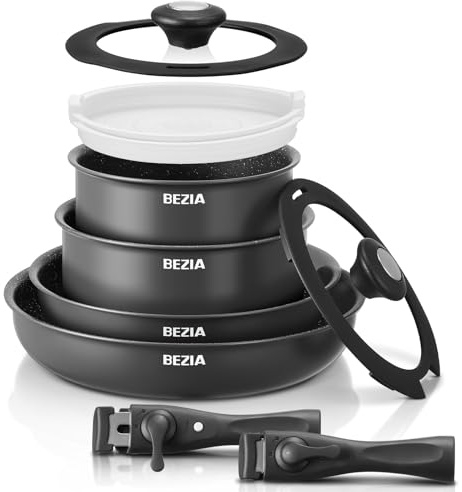 BEZIA Topfset mit Abnehmbarem Griff, 10-tlg Töpfe & Pfannen Set für Camping | Stapelbares Topf- & Pfannenset für kompakte Küchen, alle Herde inkl. Induktion, PFAS-freies Kochgeschirr, Ofenfest bis 230°C