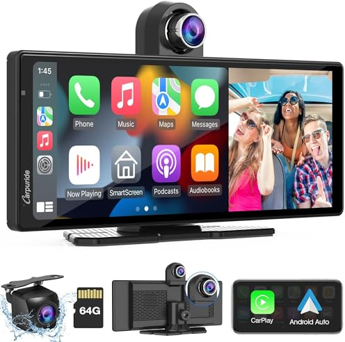 Carpuride W903=903-L Tragbares Kabelloses Carplay&Android Auto mit Dashcam 9,3-Zoll-HD-IPS-Bildschirm, 4K Front&Rückfahrkamera, Loop Aufnahme, Bluetooth, Mirror Link, GPS, Siri, Armaturenbrettmont