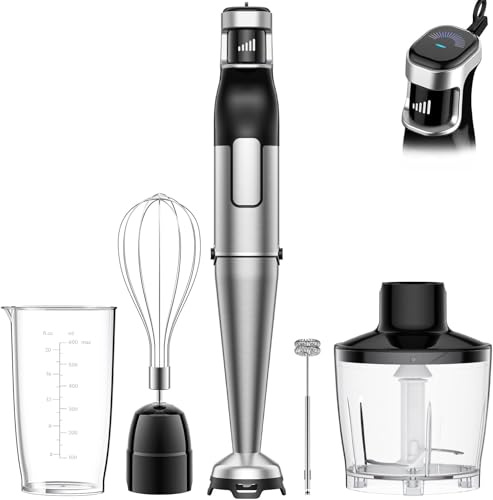 BESROY Stabmixer Set 5 in 1, 1100W Pürierstab Elektrisch, Stufenlose Geschwindigkeit, Edelstahl Hand Blender inkl. Zerkleinerer, Schneebesen, Milchaufschäumer & Messbecher, Ideal für Suppen, Smoothies