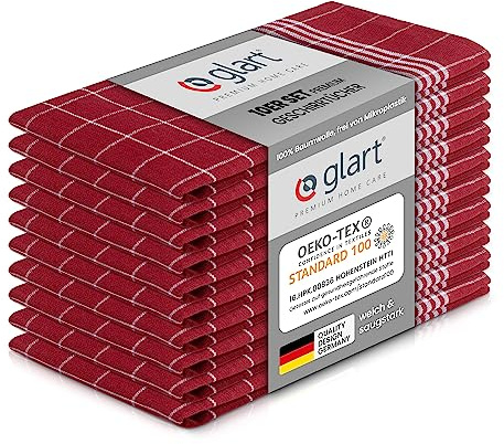 Glart 48RI2 10er Set Küchentücher 50x70 cm aus 100% Baumwolle in rot, OEKO-TEX Standard 100 zertifiziert, fusselfrei, waschbar, vorgewaschen für die Küche und Abwasch