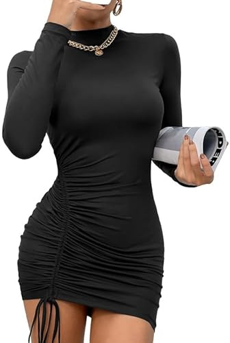 Rongseng Damen Figurbetontes Kleid Stehkragen Bodycon Minikleid Langarm Herbstkleid Sexy Partykleid mit Schnürzug Figurbetontes Stretch Freizeitkleid mit Kordelzug Mode Eng Kleider