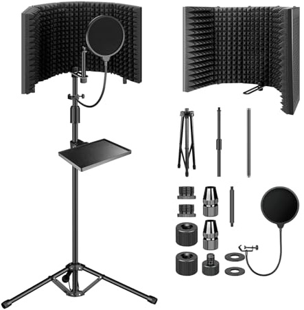 aokeo Mikrofon Isolation Shield mit Pop Filter Stativ Ständer, High Density Absorber Schaum zum Filtern von Vocal, Faltbare Sound Shield für jedes Kondensatormikrofon Studio Aufnhame Ausrüstung