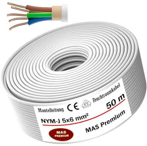 MAS Premium Feuchtraumkabel Stromkabel von 5m bis 50m Mantelleitung NYM-J 5x6 mm² Elektrokabel Ring für feste Verlegung (50m)