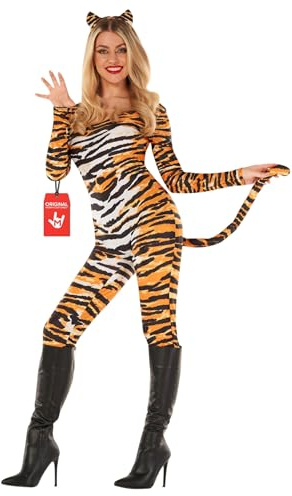 Morph Tiger Kostüm Damen, Tierisches Halloween Kostüm Damen, L | Bodysuit mit Schwanz & Haarreif, Oranger Tiger-Print, Zum Überziehen, Perfekt für Halloween, Ideal zum Verkleiden