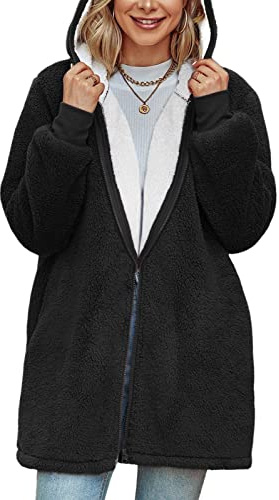 TOMEEK Damen Lange Kapuzen-Fleecejacke Übergröße Teddy-Fleece Mantel, Warme Teddy-Fleece Flauschiger Plüschmantel, Winter Kapuzenjacke Oberbekleidung