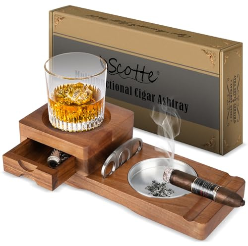 Scotte Zigarrenaschenbecher Untersetzer Whiskeyglas-Tablett & Holzaschenbecher mit Zigarrenschneider,Schublade und Zigarrenschlitz, Heim Outdoor-Aschenbecher, Zigarrenzubehör für Männer