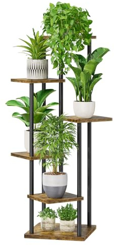 LyTaispuly 6 Etagen Pflanzenständer Blumenständer Draußen, 115cm Metall Holz Blumenhocker Blumentreppe Blumenregal, Blumentopf Ständer Pflanzentreppe für Outdoor Balkon Garten Wohnzimmer, Schwarz