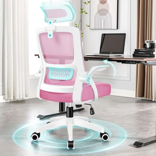 ALFORDSON Bürostuhl, Sessel mit Kopfstütze, Computer-Schreibtischstuhl mit Lordosenstütze, Drehstuhl für das Heimbüro, Rosa