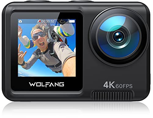 WOLFANG GA420 Action Cam 4K 60FPS Unterwasserkamera WiFi 10M Wasserdicht ohne Gehäuse 3.0 EIS Bildstabilisator Dual Screen Helmkamera (Externem Mikrofon, 2x1350mAh Akkus und Zubehör Kit)