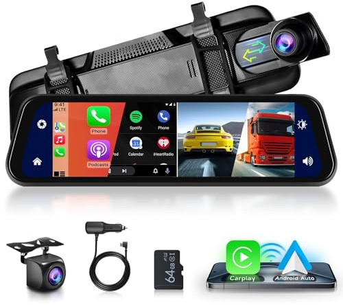 Hodozzy Spiegel Dashcam Carplay Wireless Android Auto Bluetooth 9,66 Zoll IPS Touchscreen Frontkamera Rückfahrkamera wasserdichte Nachtsicht WDR Autokamera Rückspiegel Parkmonitor 64G TF-Karte FM AUX