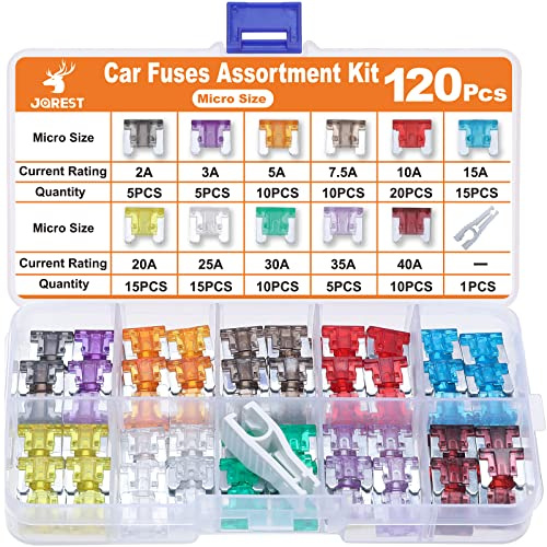 JOREST 120Pcs Micro Kfz Sicherung Set - Auto Sicherungen für PKW/Wohnmobil/LKW (2 Ampere 3A 5A 7.5A 10A 15A 20A 25A 30A 35A 40A) - Flachsicherungen (Niedriges Profil Sicherungen) +Sicherungszieher