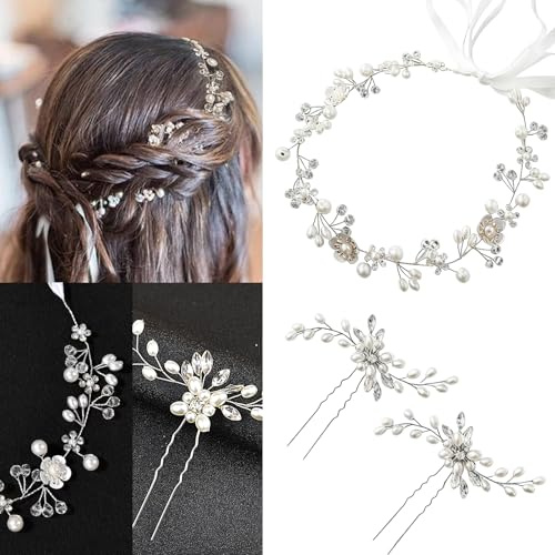 Braut Hochzeits Kopfschmuck,3 Stück Braut blumen Haarschmuck Damen Tiara, Hochzeits Haarnadel Set, Perlen Hochzeits Haarschmuck,Hochzeits Stirnbänder für Braut,Brautjungfern,Party, Abschlussball