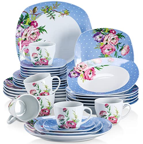 VEWEET Serie HANNAH, 30-tlg Geschirrset 6 Personen, Teller Set Porzellan | Tafelservice Porzellan mit je 6 Speiseteller, Dessertteller, Suppenteller, Kaffeetassen und Untertasse für 4-12 Personen
