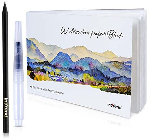 int!rend Aquarellpapier A5 300g/m² - 40 Seiten Aquarellpapier Block mit Wassertankpinsel & Bleistift - Aquarell Papier Blanko - Aquarellblock - Watercolor Sketchbook