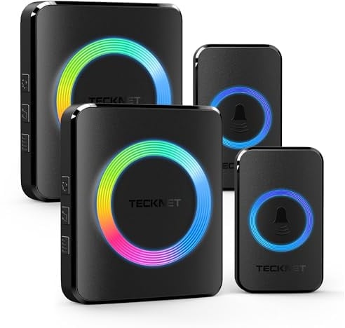 TECKNET Funkklingel, Kabellose Türklingel 400m Reichweite, IP65 Funk klingel Set Aussen Wasserdicht Haustür Klingel, 2 Sender 2 Empfänger, 60 Melodien Doorbell und Klingelknopf Mit RGB-Blitz