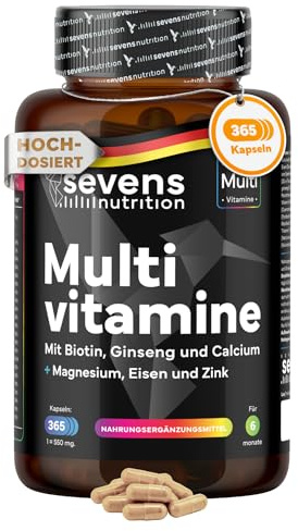 Multivitamin Premium - 365 Multivitamin Kapseln Hochdosiert - Mit Magnesium, Zink, Vitamin B Komplex, Vitamin D & Biotin - Mit 26 Vitamine & Mineralien - 6-Monats-Vorrat - Laborgeprüft - Sevens