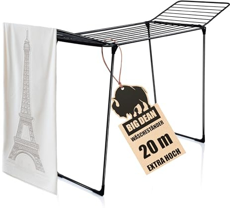 BigDean Wäscheständer 200 Schwarz extra hoch & Dicke Leinen - 20m Wäscheständer XXL - platzsparend - Klappbarer Flügelwäscheständer- Wäschetrockner Made in Europe