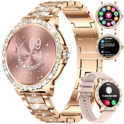 LIGE Smartwatch Damen Bluetooth Anrufe für Android iOS Smart Watch Damen 100+ Sport Activity Tracker 1,32 HD Touch Screen Herzfrequenz Schlaf Monitor Diamant Rosegold Stahl Frauen Smartwatch