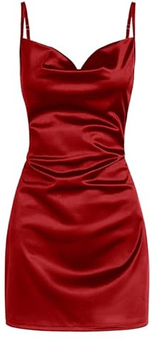 ZAFUL Damen Satin Ärmelloses Spaghettiträger Minikleid Sexy Unterkleid Wasserfallausschnitt Seidige Cocktail Party Kleider (Rot, M)