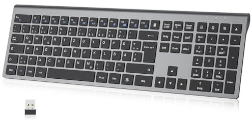 cimetech Kabellose Tastatur Kabellos Deutsches QWERTZ Layout Wireless Keyboard Wiederaufladbare Full Size Ultraslim 2,4G Funktastatur mit Multimedia-Tasten für PC, Computer, Notebook, Laptop, Windows