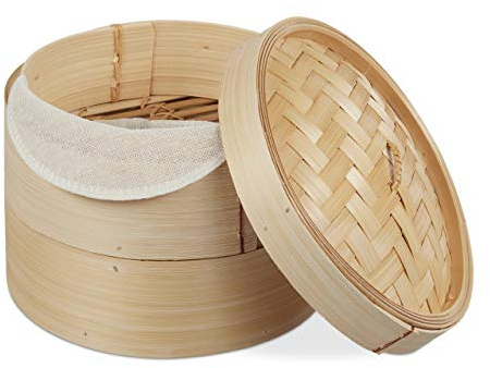 Relaxdays Bambus Dampfgarer, asiatischer Dämpfkorb mit 2 Etagen, für Dim Sum, Reis, Dampfgarer Einsatz, Ø 20,5 cm, natur, Hellbraun, Helles Braun