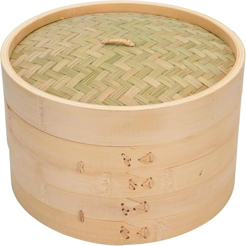 Bambus-Dampfgarer, 25.4 cm, 2 Etagen, chinesisches Lebensmittel-Dampfgarer, traditionelles Design, Huhn, Fisch – handgefertigter Dampfkorb inklusive 2 Mull-Einlagen und Essstäbchen