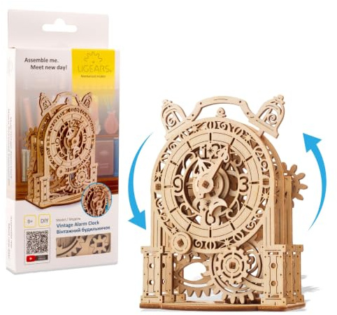 UGEARS Vintage Wecker 3D-Puzzle – Holzmodellbausatz für Erwachsene zum Bauen – Mechanisches Modell Tischuhr-Bausatz – 3D-Puzzle-Holzspielzeuguhr – DIY-Denkspiel-Puzzle-Konstruktionsset