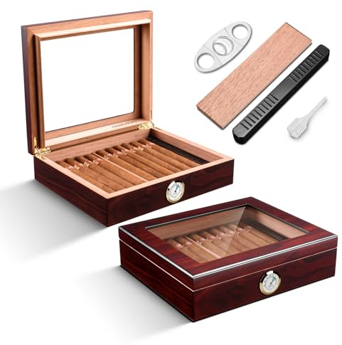 Zigarren Humidore Spanisches Zedernholz, Eleganter Humidor mit Hygrometer und Befeuchter & Zigarrenschneider Zedernholz Humidor Etui Zigarren-Desktop-Box Geschenke für Männer (Dunkelrot)