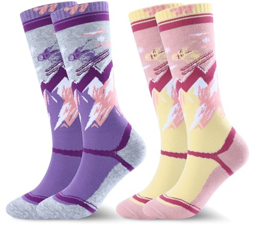 West Biking Skisocken Kinder - 2 Paar Dicke Thermosocken Kinder, Merinowolle Warme Socken Kinder für Kaltes Wetter Skifahren und Wandern, Winter Funktionssocken Kinder für 6-15 Jahre