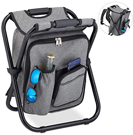 Relaxdays Campinghocker mit Tasche, klappbar, tragbar, leicht & stabil, Sitzrucksack, Polyester, HBT: 43x35x29 cm, grau