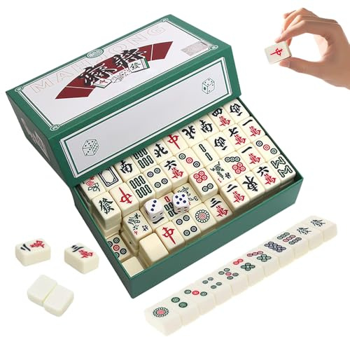 Rakuker Mini Mahjong Spiel, Traditionelles Chinesisches Majong Game, Majongsteine Spiel mit 144 Mahjong Steine und 2 Würfel, mah-Jong Brettspiel für Familie Reise Spiel Tabletop Brettspiel