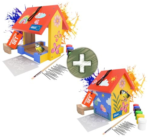 Eli® Vogelhaus Bausatz für Kinder aus Kiefernholz inkl. Nägel zum bemalen | inkl 6 Farben - Pinsel - Hammer - kreative DIY Vorlagen & Schablonen - Garten & Balkon - Geschenk Junge Mädchen Geschenkidee